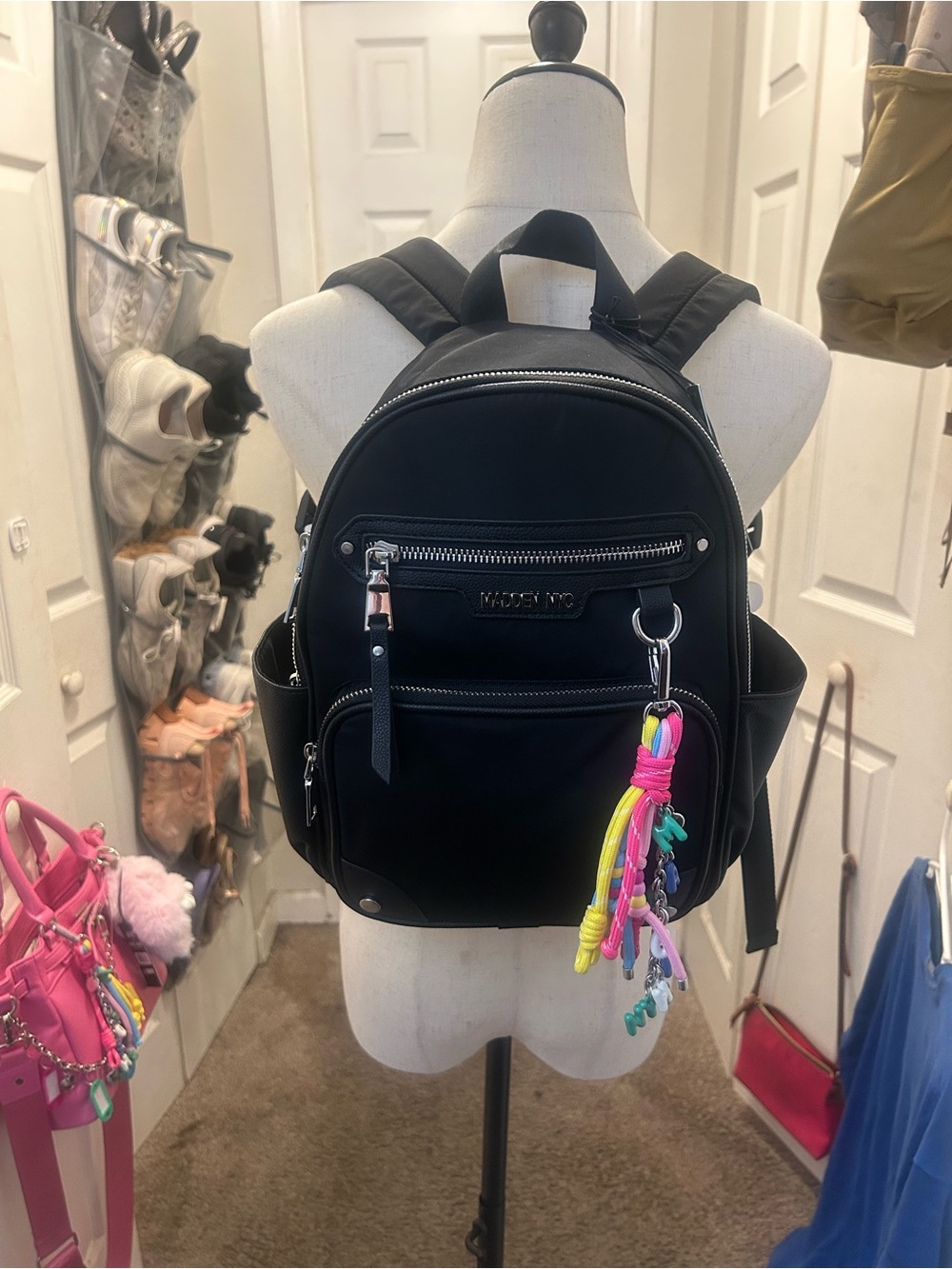 Steve Madden Black Nylon Mini Backpack with Multicolor Charm